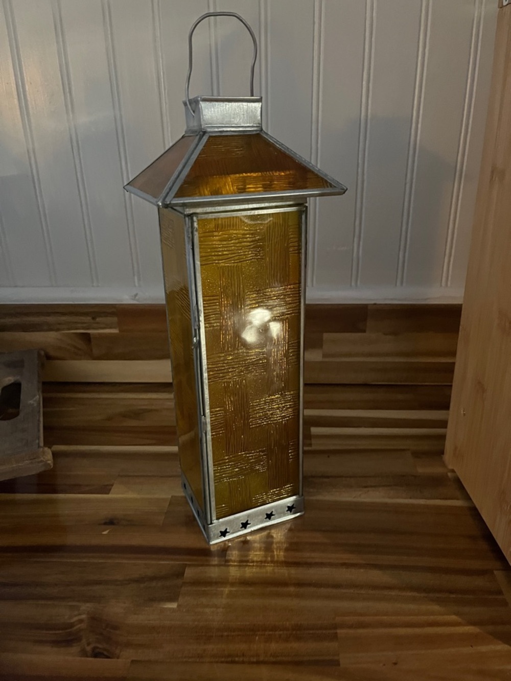 Source Unknown Amber Glass and Silver Metal Lantern Accent